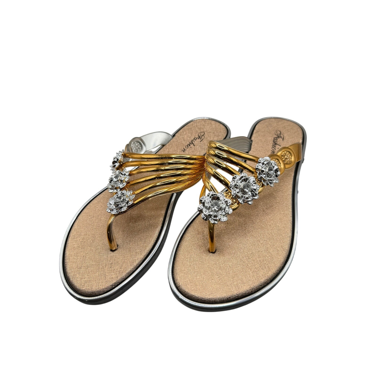 Bejeweled gold women's sandals by Republic Mercantile with bling accents, size US 9, featuring decorative straps and a stylish design.