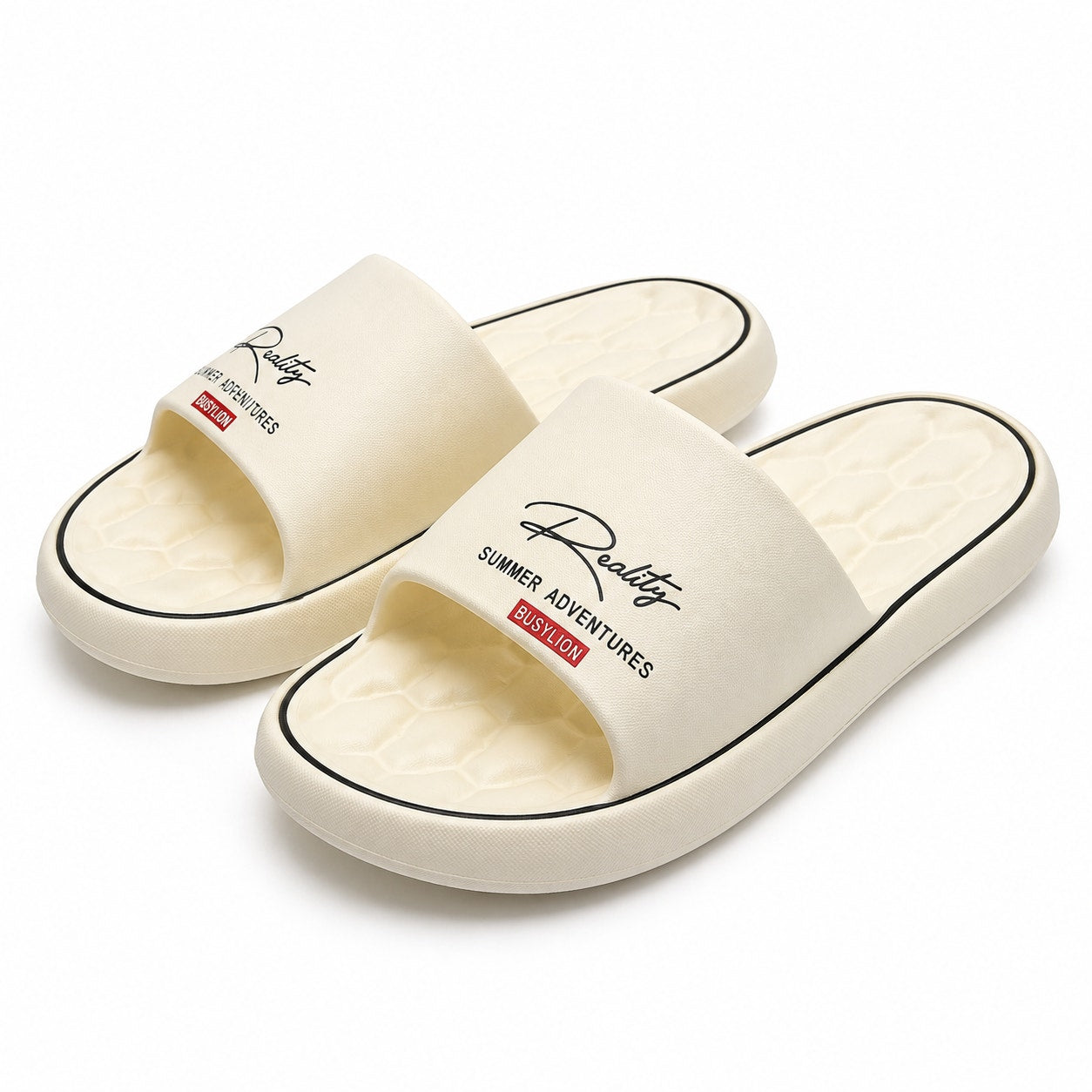White BusyLion Comfort Slides in US size 6.5, showing the open-toe design and cushioned footbed.