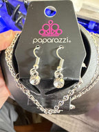 Paparazzi large heart pendant necklace with a 36-inch chain and matching earrings, silver-tone jewelry by Republic Mercantile.