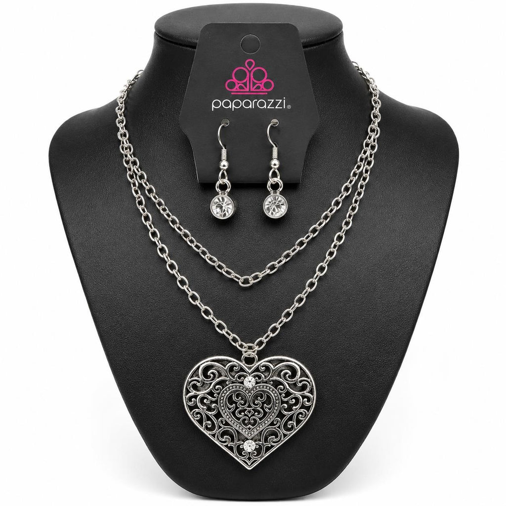 Paparazzi large heart pendant necklace with 36-inch chain and matching earrings, silver-tone jewelry by Republic Mercantile.