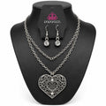Paparazzi large heart pendant necklace with 36-inch chain and matching earrings, silver-tone jewelry by Republic Mercantile.