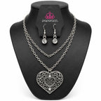 Paparazzi large heart pendant necklace with 36-inch chain and matching earrings, silver-tone jewelry by Republic Mercantile.