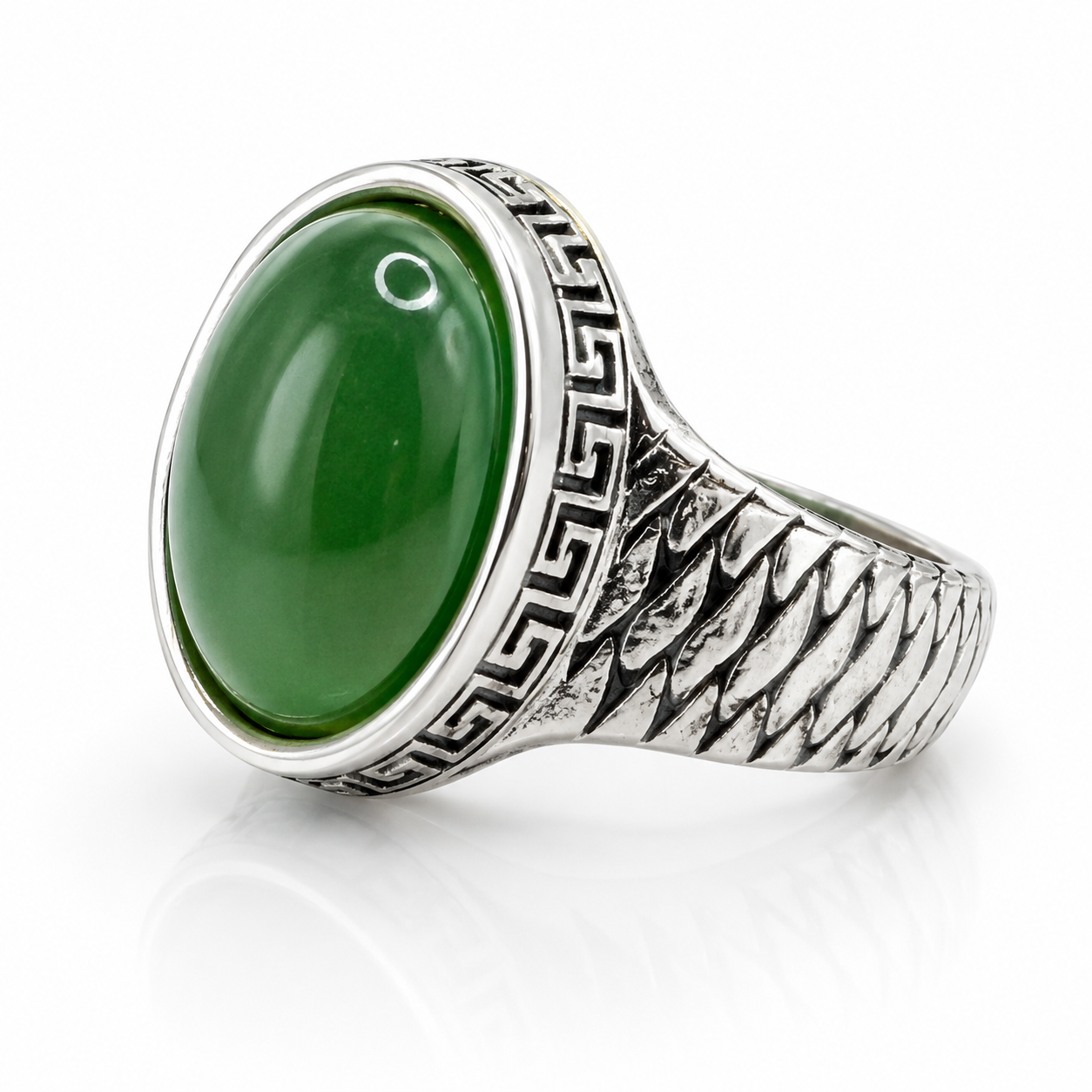 NEW Men's Ring Green Stone Silvery Band Size: 11