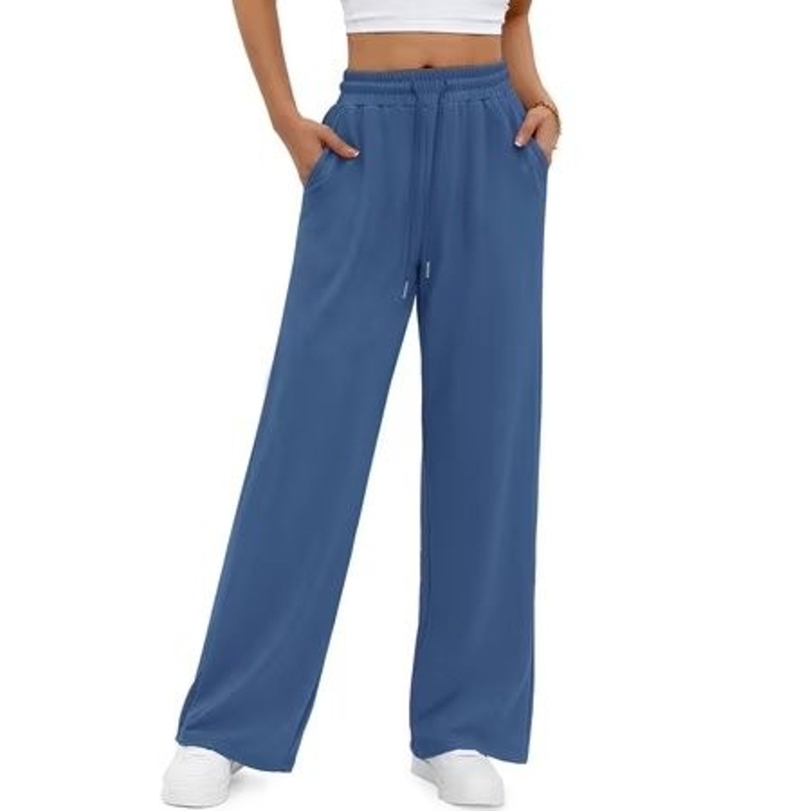 Fantaslook women's blue wide leg sweatpants with pockets, size M, made of soft, comfortable fabric, casual loungewear style