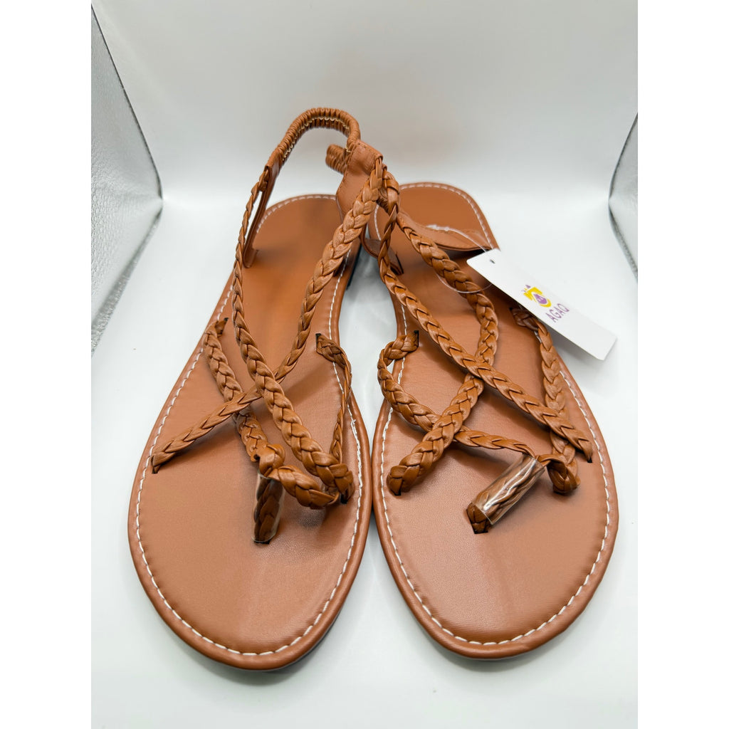 Agaq brown leather braided strap sandals in size 11 (EU 42) with open toe design and flat sole, stylish for casual wear.