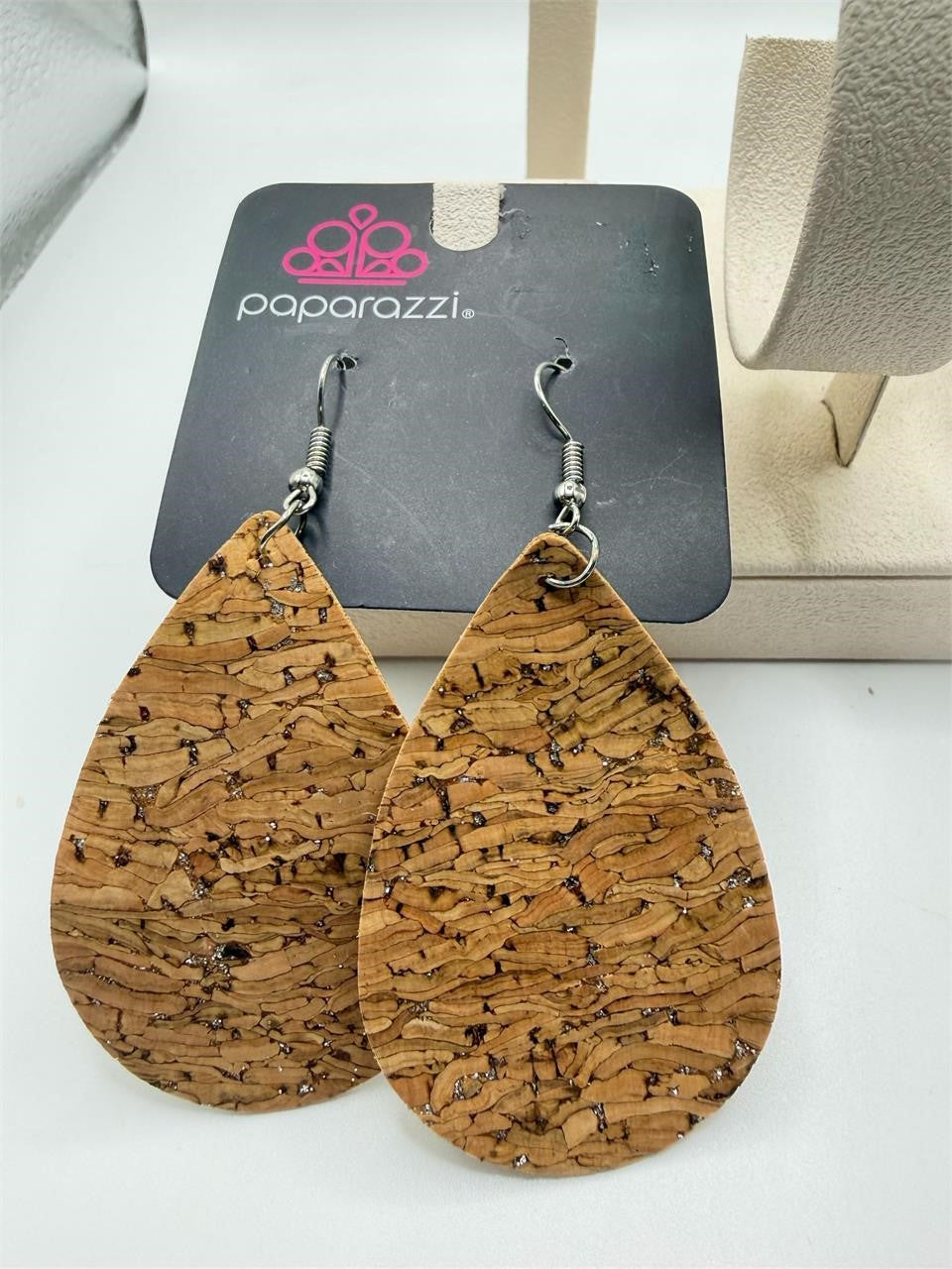 Paparazzi teardrop cork earrings set featuring gold-tone hooks and natural cork teardrop charms.