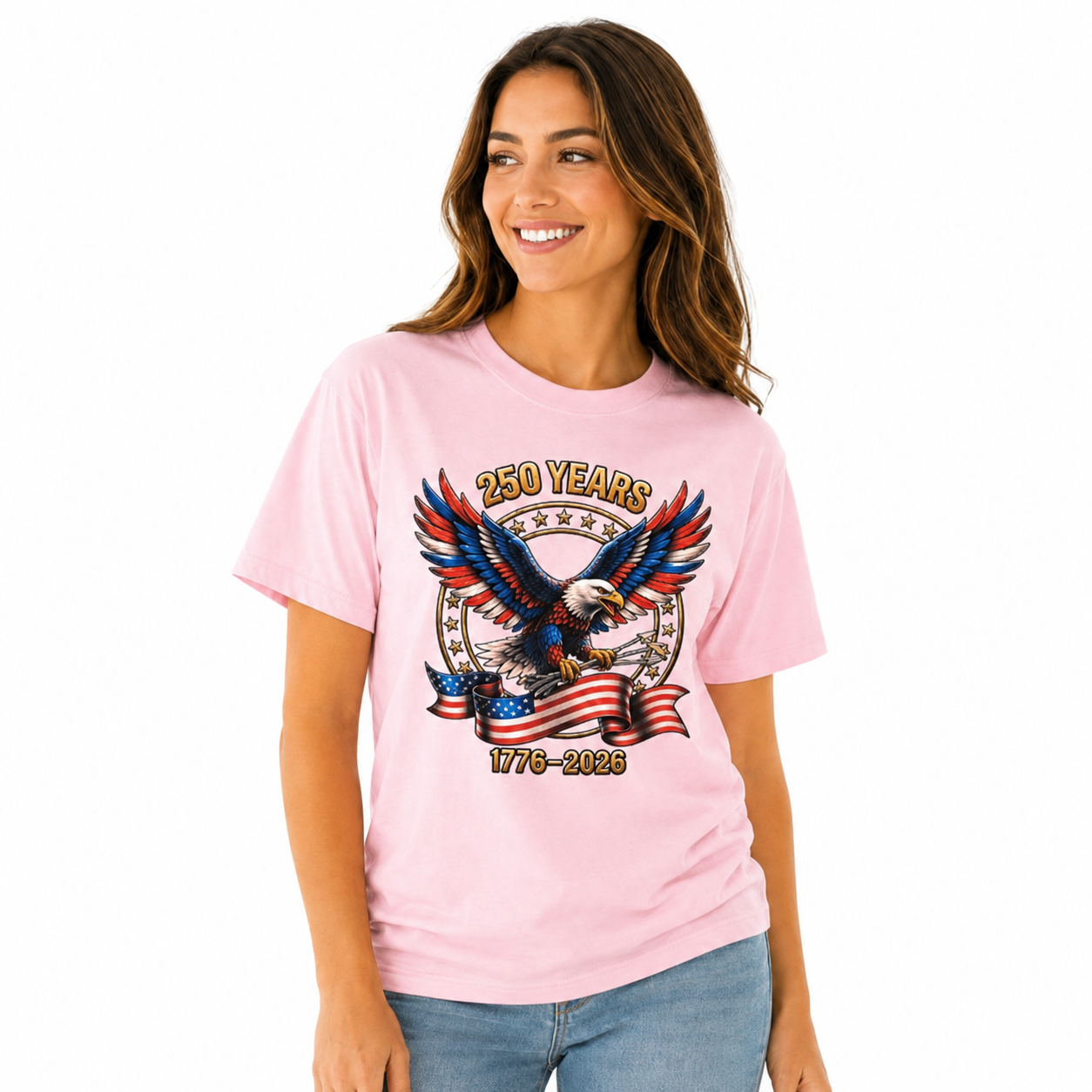 Light pink T-shirt by Republic Mercantile, 250th anniversary edition, size M, showing front view with soft fabric texture.