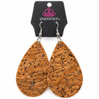 Paparazzi teardrop cork earrings set featuring lightweight cork earrings with silver-tone hooks and teardrop shape.