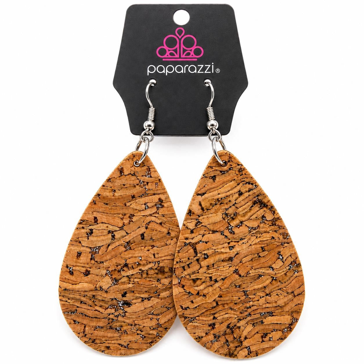 Paparazzi teardrop cork earrings set featuring lightweight cork earrings with silver-tone hooks and teardrop shape.
