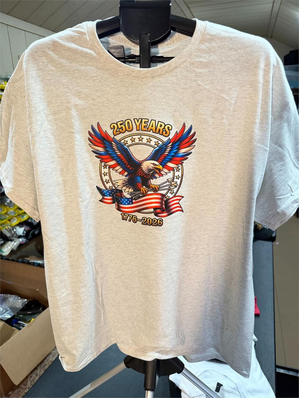 Light gray Republic Mercantile 250th Anniversary T-shirt in XL size, featuring a comfortable fit and commemorative design.