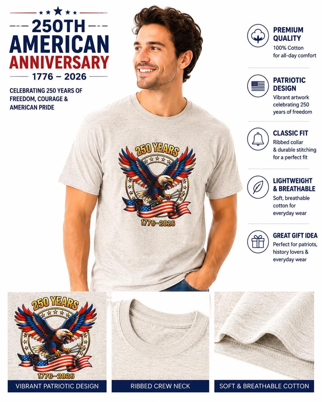 Light gray 250th Anniversary T-shirt in XL from Republic Mercantile, showing front view with printed anniversary design.