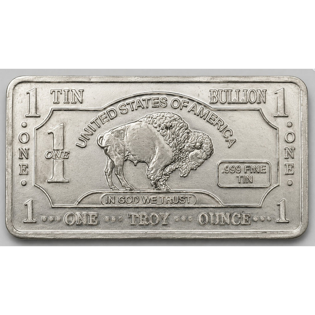 Close-up of a 1 Troy oz .999 Tin Collectible Bar from CMC Mint with detailed engravings and shiny metallic finish.