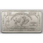 Close-up of a 1 Troy oz .999 Tin Collectible Bar from CMC Mint with detailed engravings and shiny metallic finish.