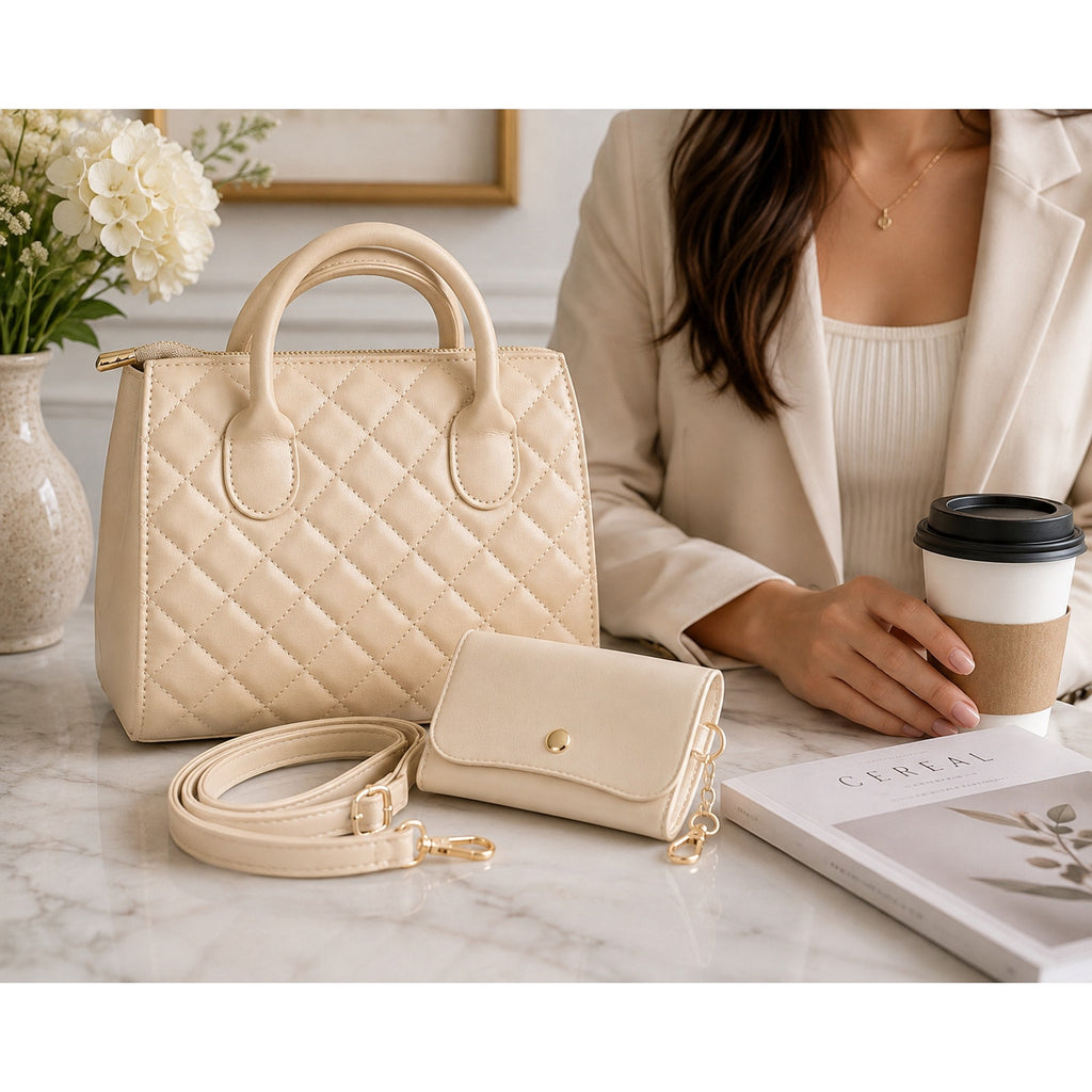 Beige ladies handbag carry purse with 8x6x3 inch size, stylish Republic Mercantile accessory with a sleek design.