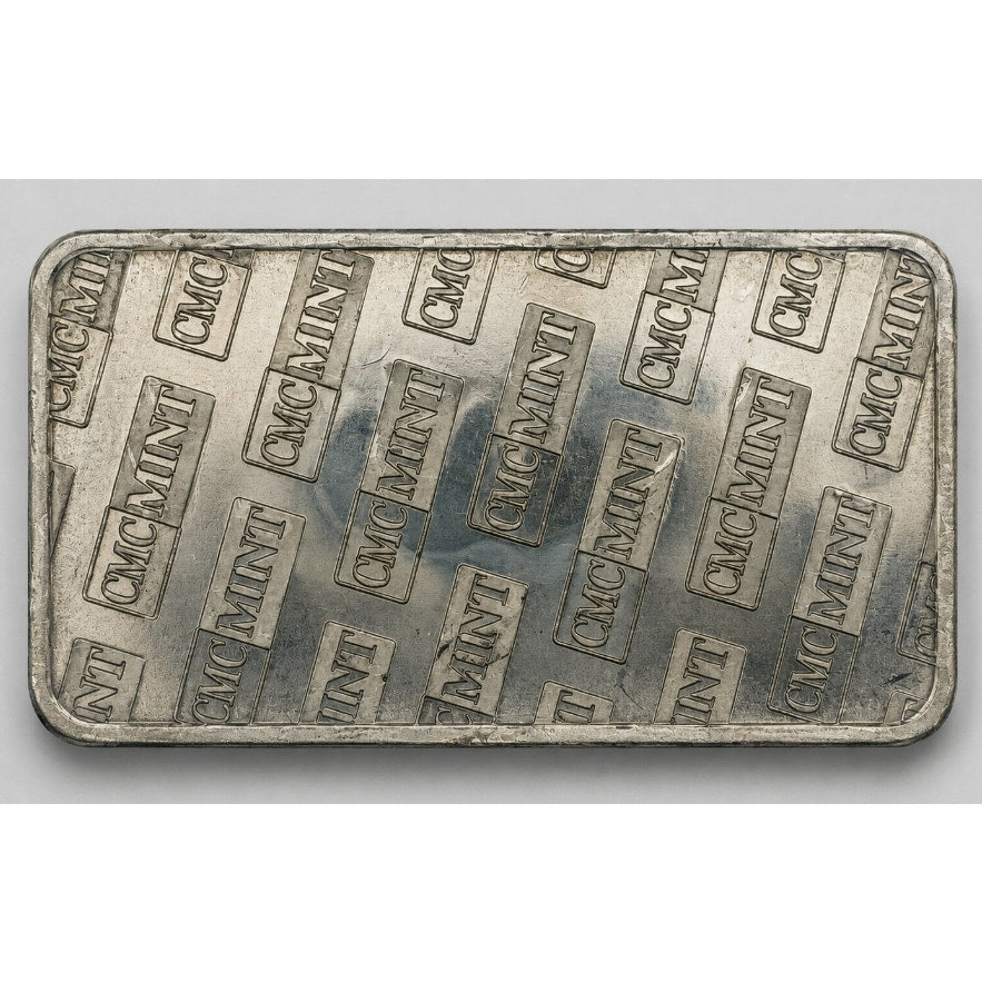 Close-up of a 1 Troy oz .999 Tin Collectible Bar by CMC Mint, showcasing the detailed engraved design on the silver bar.