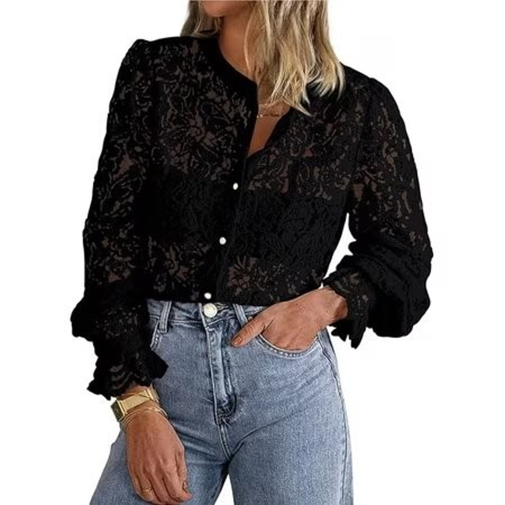 Prettygarden women's lace blouse, long sleeve button-up shirt in size XL, casual dressy style with elegant lace details.