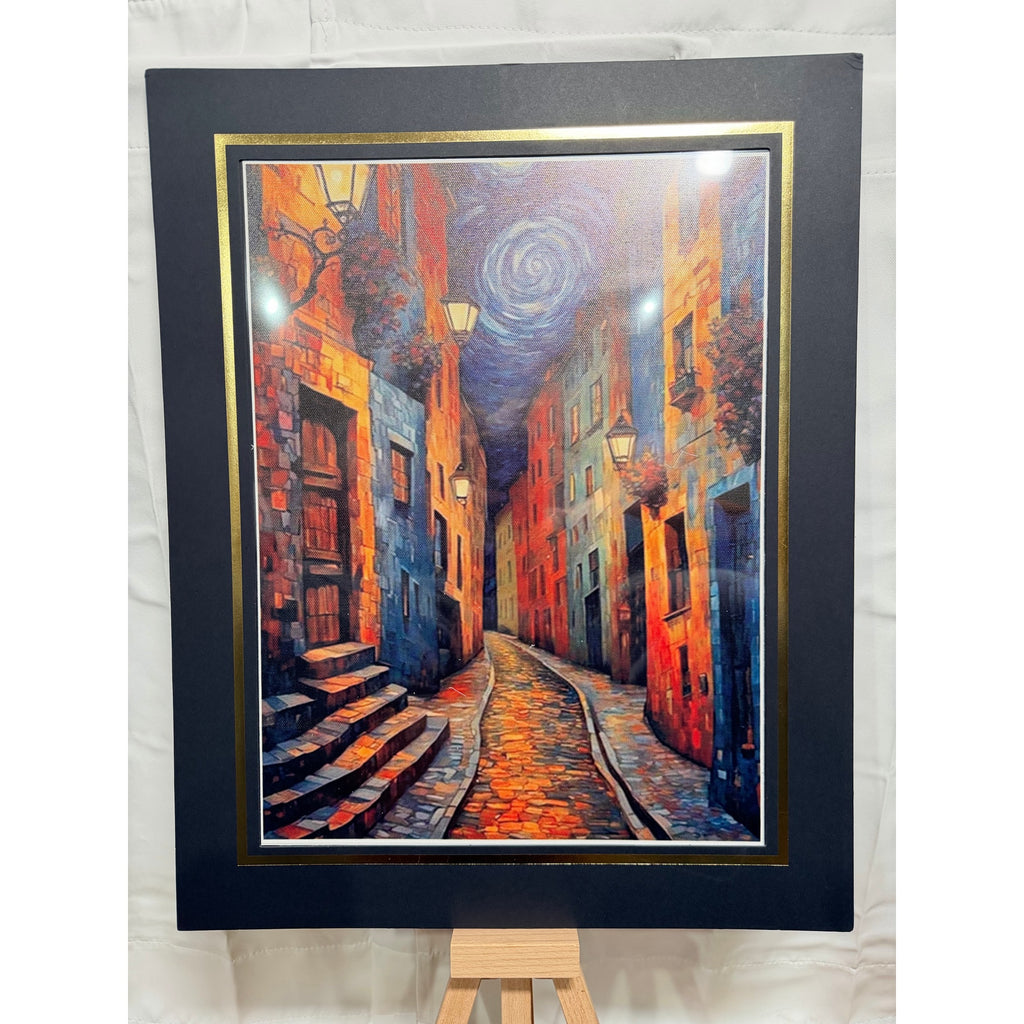 12x16 inch Van Gogh alley art print on canvas with 16x20 mat, featuring vibrant brushstrokes and iconic cityscape scene.