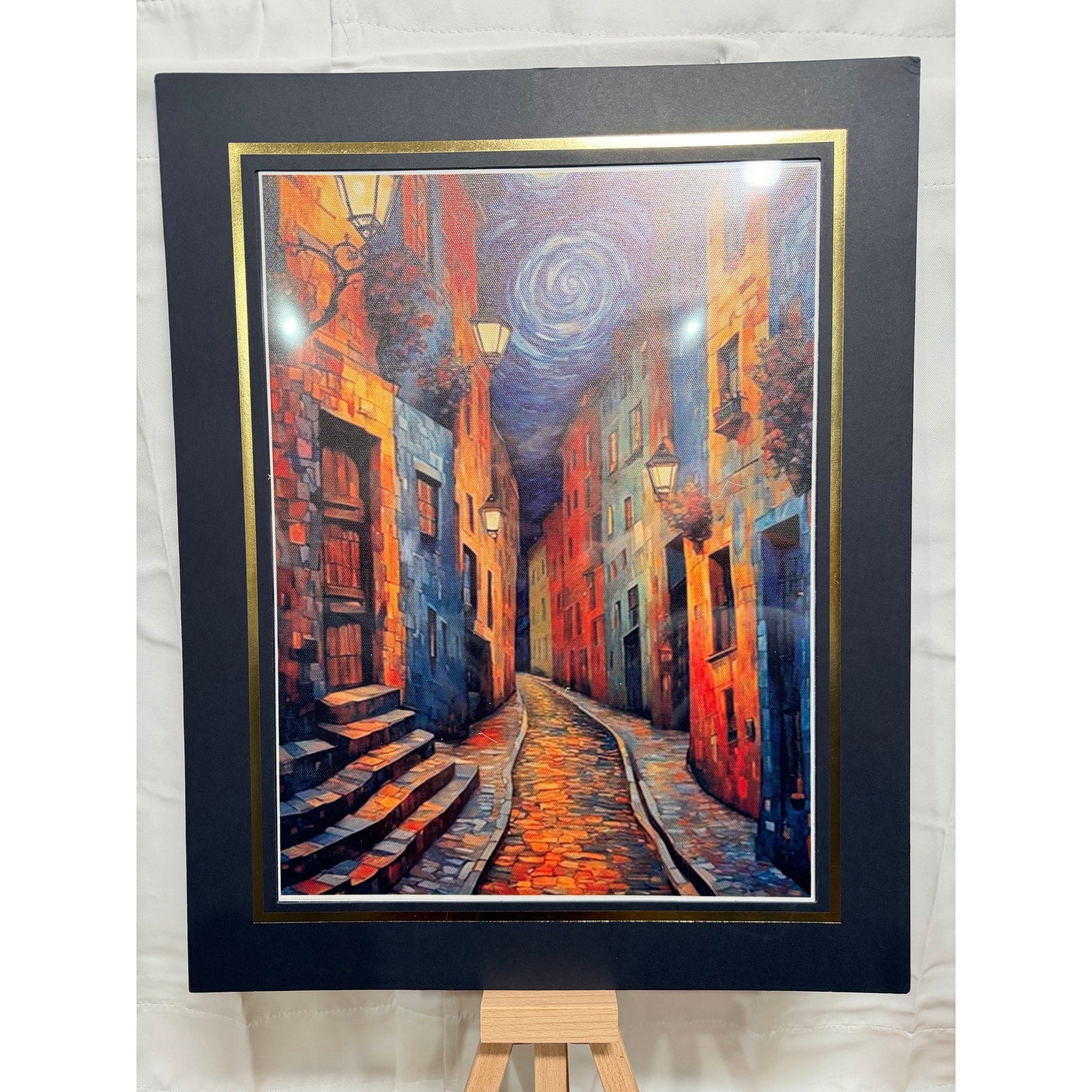 12x16 inch Van Gogh alley art print on canvas with 16x20 mat, featuring vibrant brushstrokes and iconic cityscape scene.