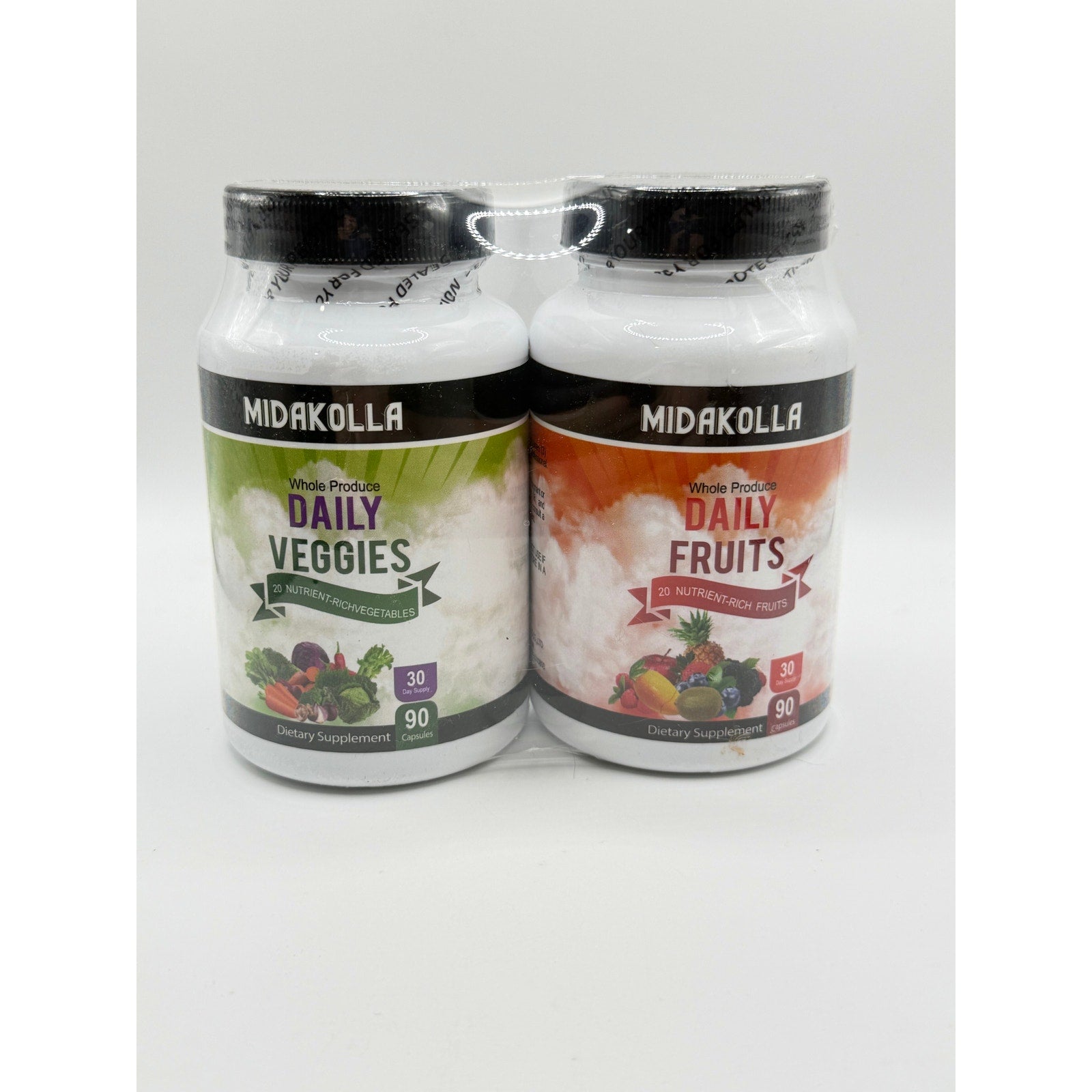 Midakolla Daily Fruits and Veggies supplement box with 30 daily servings of fresh-looking fruits and vegetables.