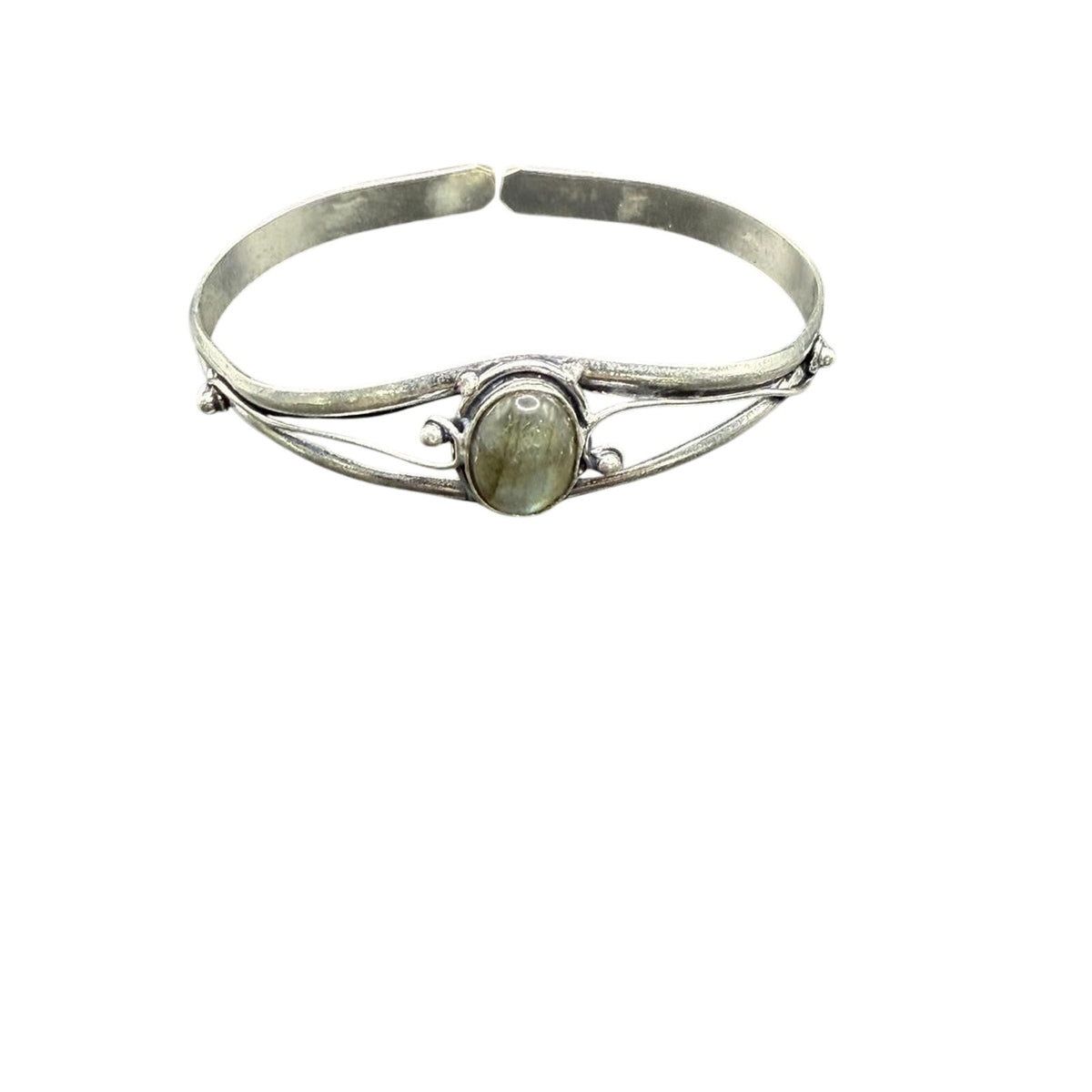 Silver plated bangle gem bracelet, handcrafted by Republic Mercantile, featuring colorful gemstones and intricate design details.