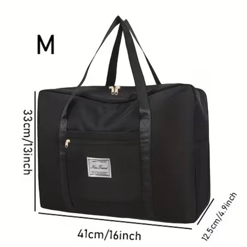Black travel foldable tote bag from Nice Travel, showing its compact design and durable fabric in a folded and expanded view.