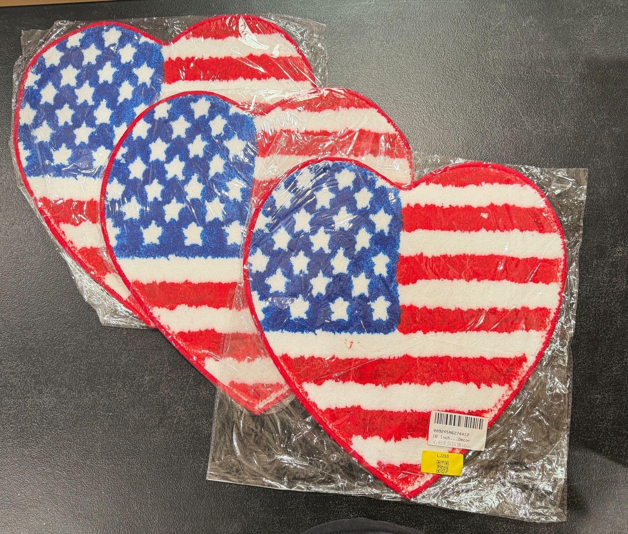 Set of three USA flag heart-shaped non-slip rugs in red, white, and blue with star patterns, perfect for patriotic home decor.