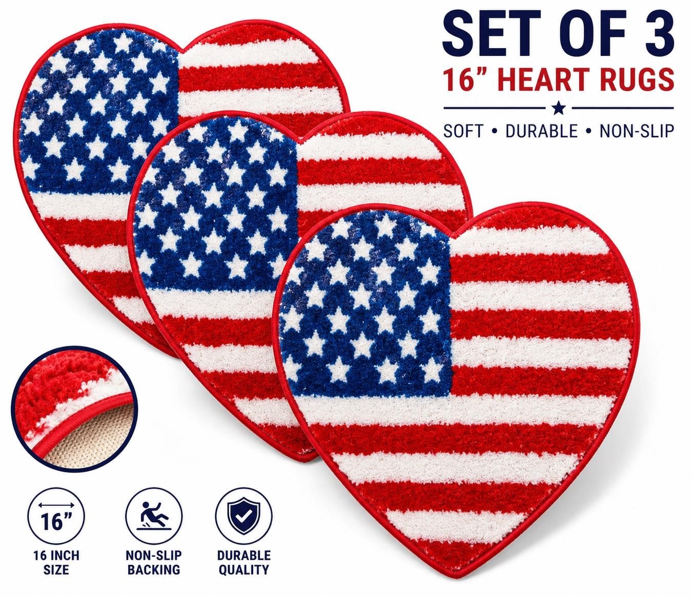 Set of three USA 16-inch flag heart non-slip rugs by Republic Mercantile, featuring red, white, and blue patriotic designs.
