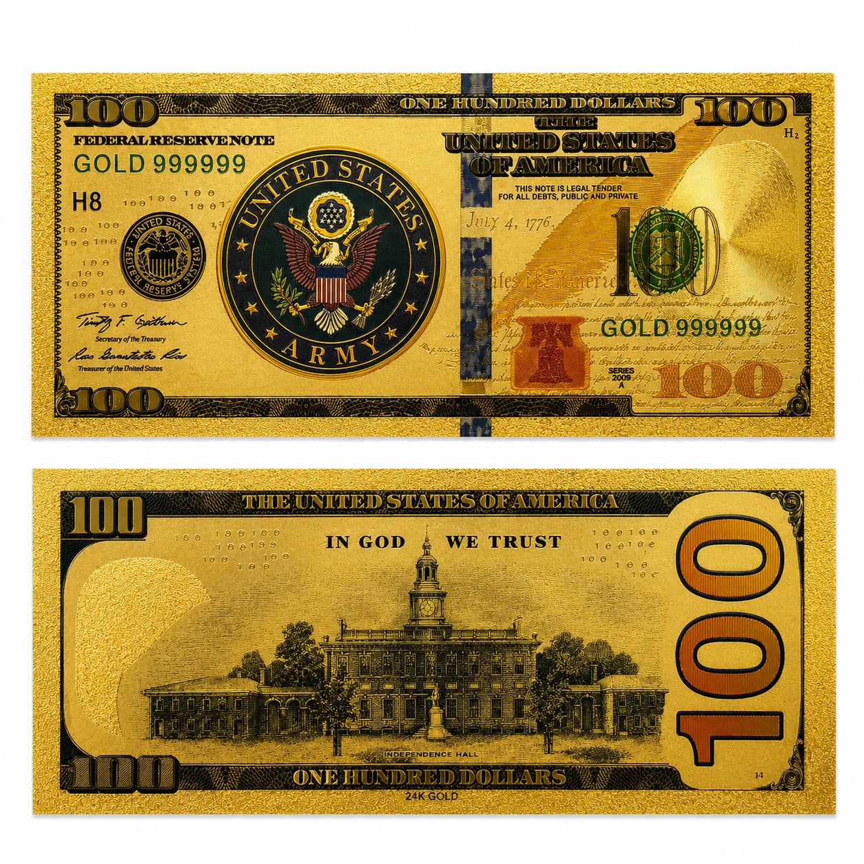US Army Commemorative Gold-Foil Note by Republic Mercantile, featuring detailed gold foil design and military imagery.
