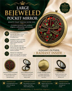 Large bejeweled pocket mirror with intricate design and sparkling embellishments, perfect for on-the-go beauty checks.