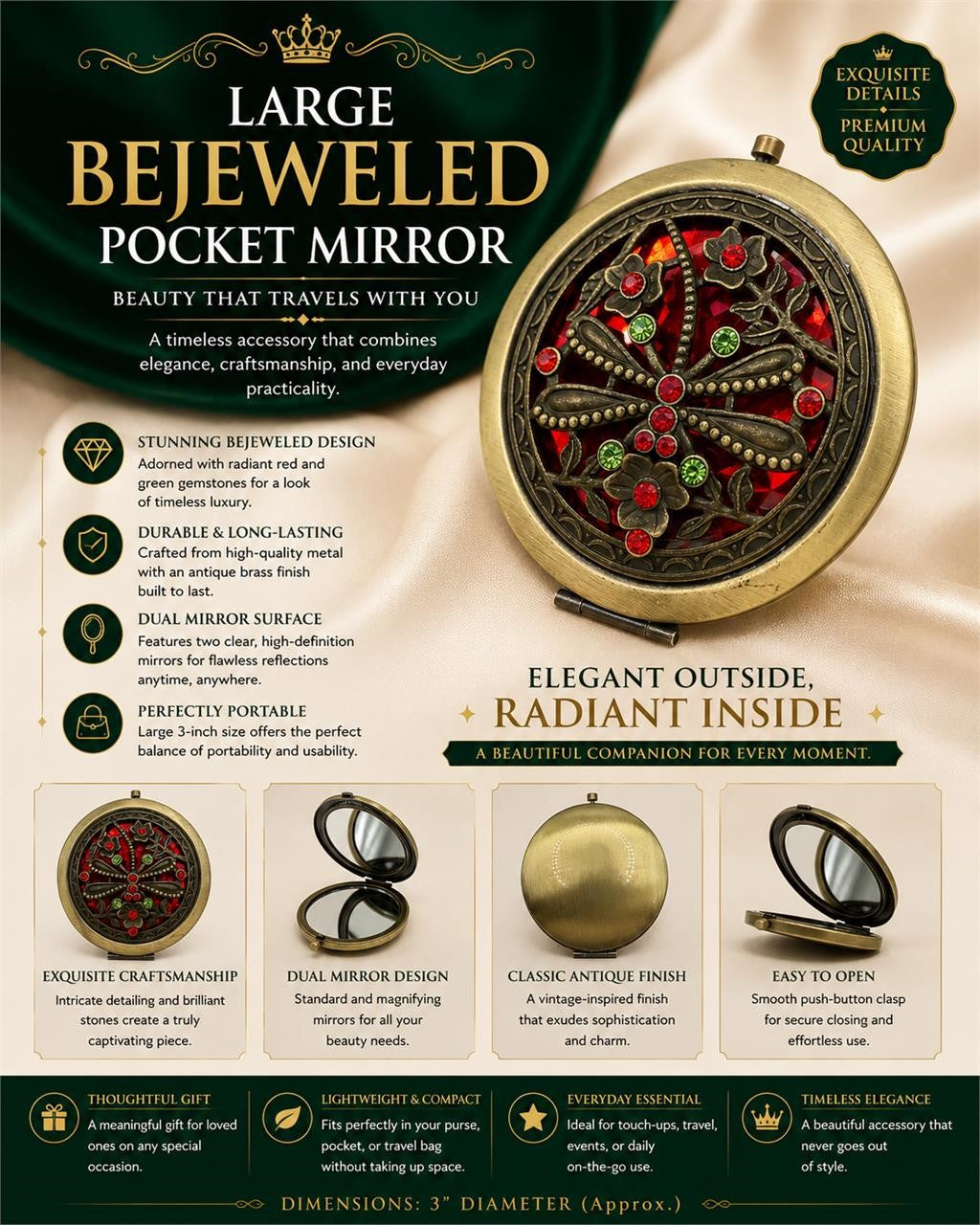 NEW Large Bejeweled Pocket Mirror
