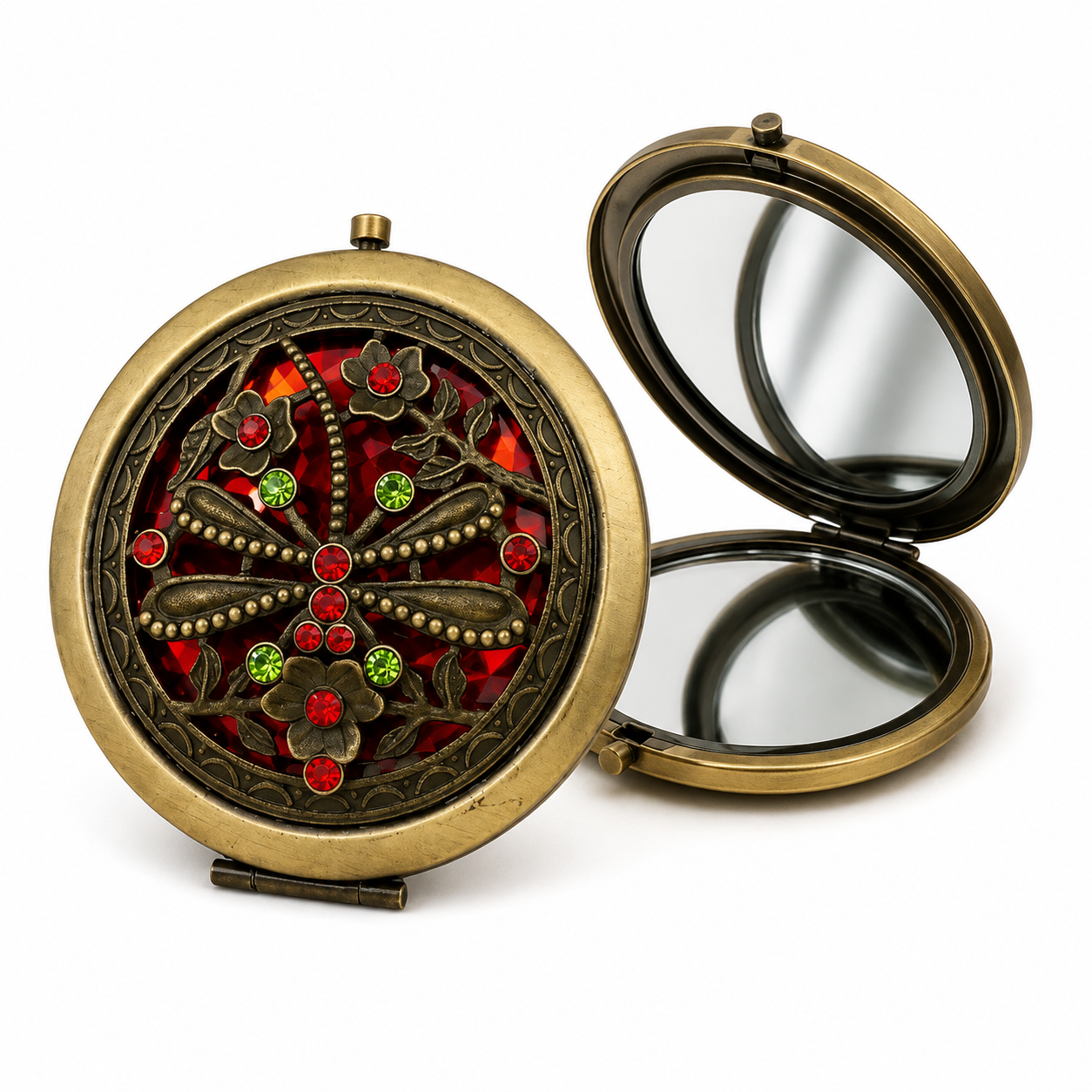 Large bejeweled pocket mirror with sparkling decorative accents, featuring a circular design and ornate craftsmanship by Republic Mercantile.