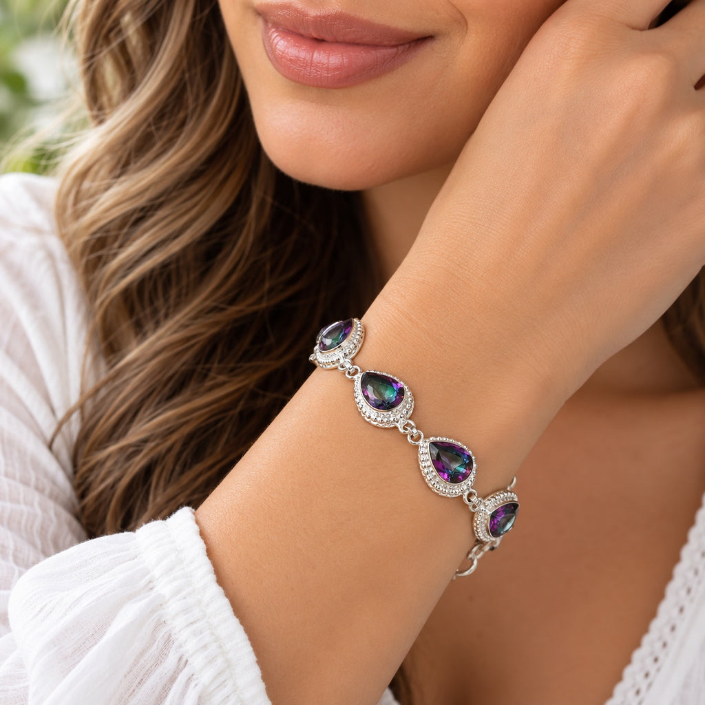 Mystic Topaz Pear Gemstone Handmade 925 Sterling Silver Plated Jewelry Bracelet