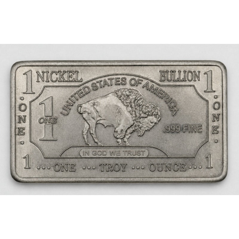 Troy oz .999 Nickel collectible bar by CMC Mint, featuring detailed engravings and a shiny metallic finish.