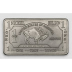 Troy oz .999 Nickel collectible bar by CMC Mint, featuring detailed engravings and a shiny metallic finish.