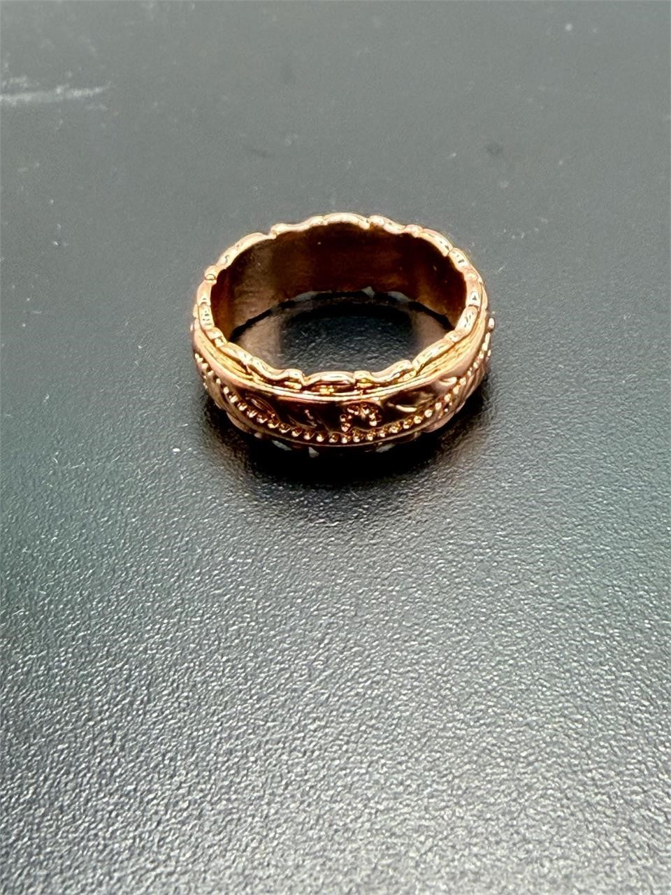Carved rose gold ladies ring in size 6.5 with intricate detailing, crafted by Republic Mercantile.