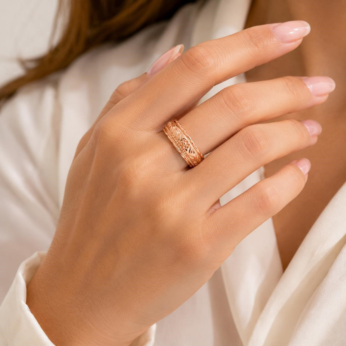 Carved rose gold ladies ring in size 6.5 featuring intricate design, crafted by Republic Mercantile.