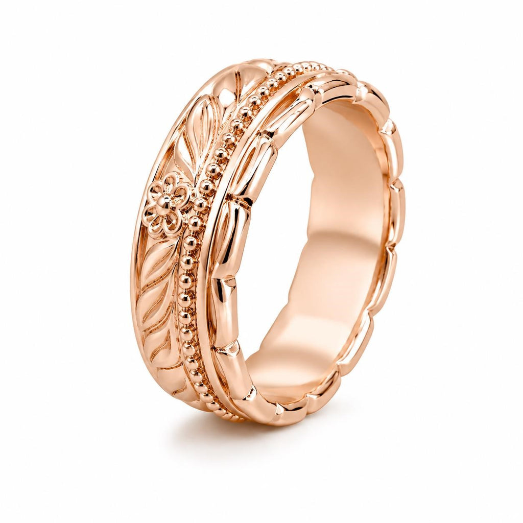 Carved rose gold ladies ring size 6.5 with intricate detailing, stylish jewelry by Republic Mercantile.