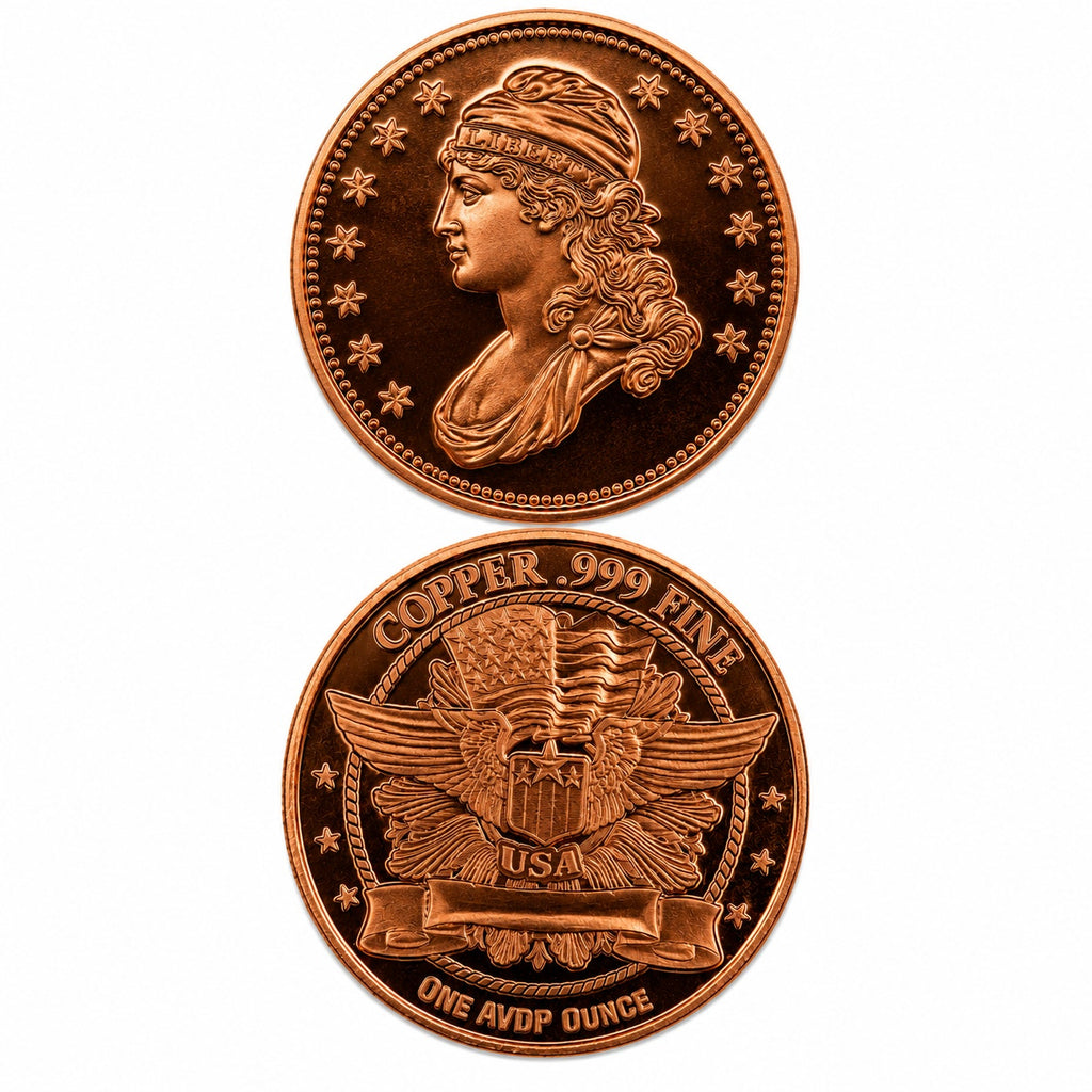 Fine copper collectible coin featuring Liberty Head design, 1 AVDP oz .999 pure copper coin by Republic Mercantile
