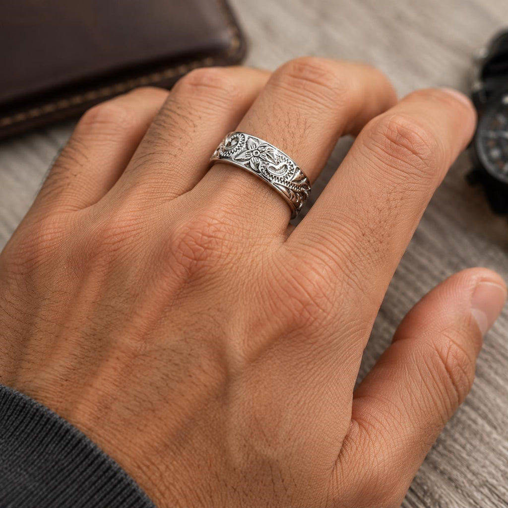 Carved silver men's ring in size 9 with intricate design, crafted by Republic Mercantile.