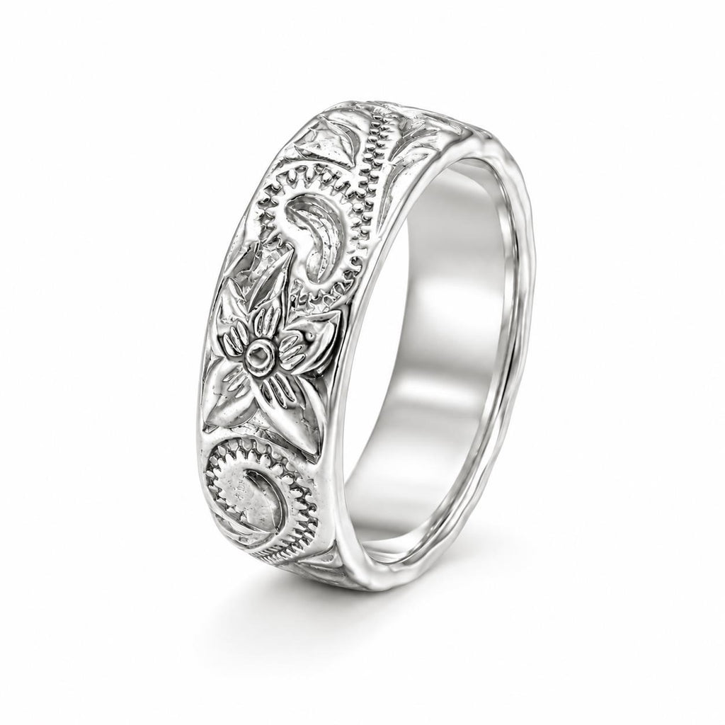 Carved silver men's ring in size 9 featuring intricate design, crafted by Republic Mercantile.