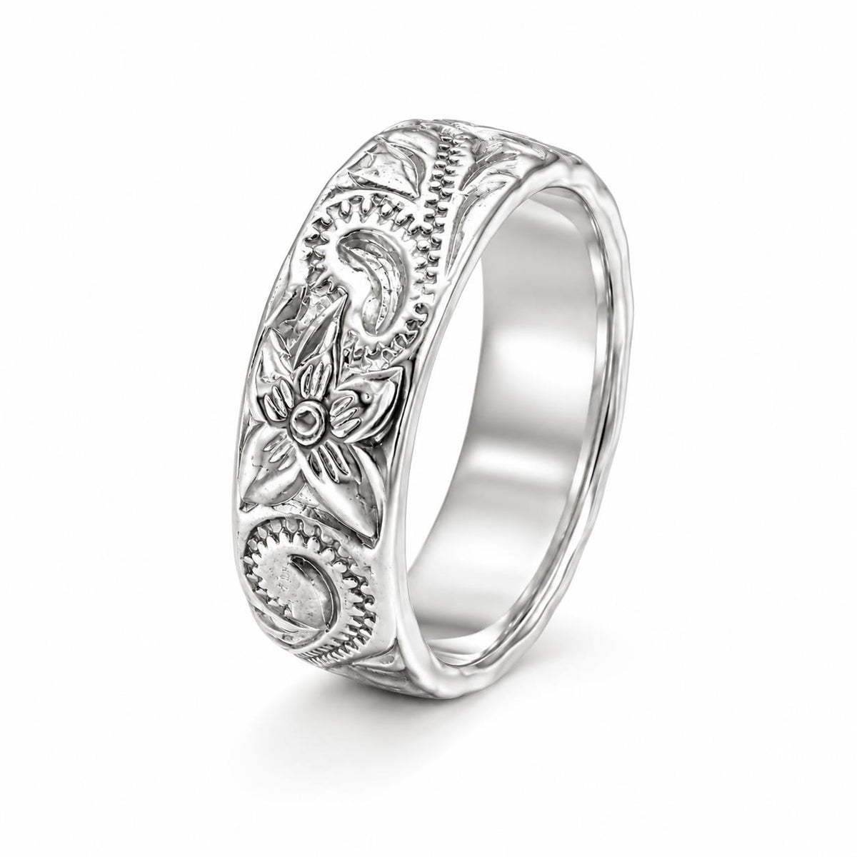 Carved silver men's ring in size 9 featuring intricate design, crafted by Republic Mercantile.