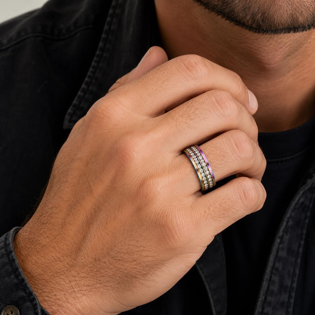 Iridescent men's CZ band ring in size 10.5 with a shiny, colorful finish, crafted by Republic Mercantile.