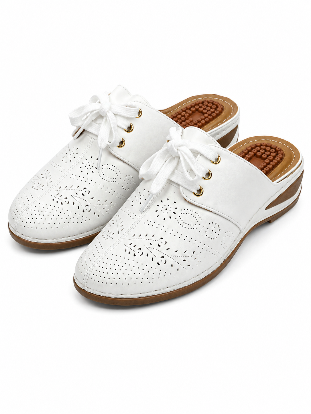 Ecetana white wedge mule sandals in size 9.5 with open toe and slip-on design, featuring a comfortable wedge heel.