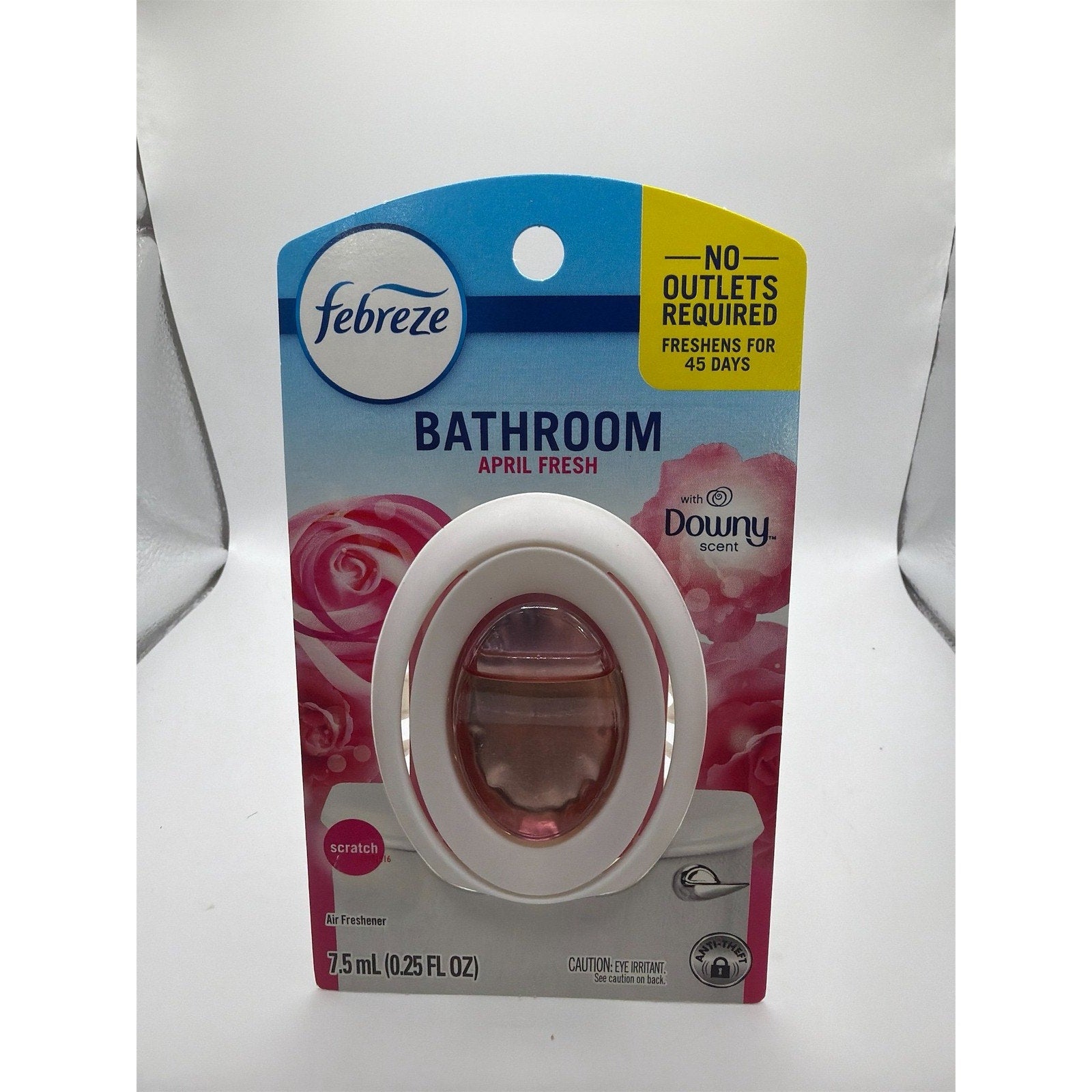 Four Febreze April Fresh bath air fresheners in a 4-pack, featuring sleek white bottles with blue and green accents.