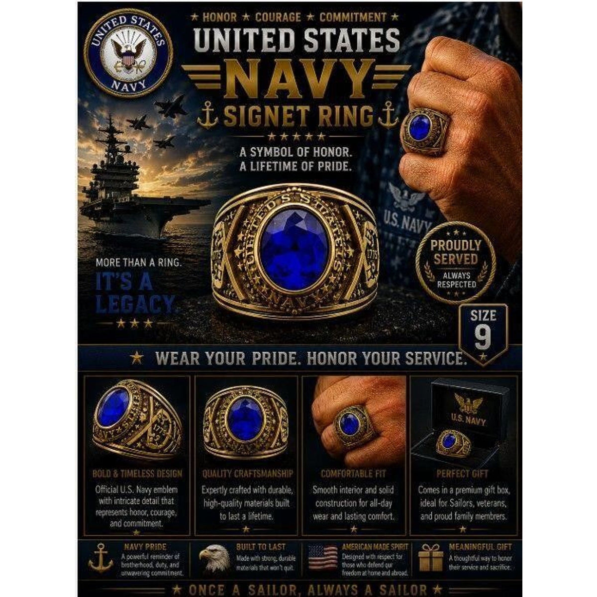 Men's US Navy Signet Ring in gold and blue, size 10, featuring detailed Navy emblem, from Republic Mercantile.