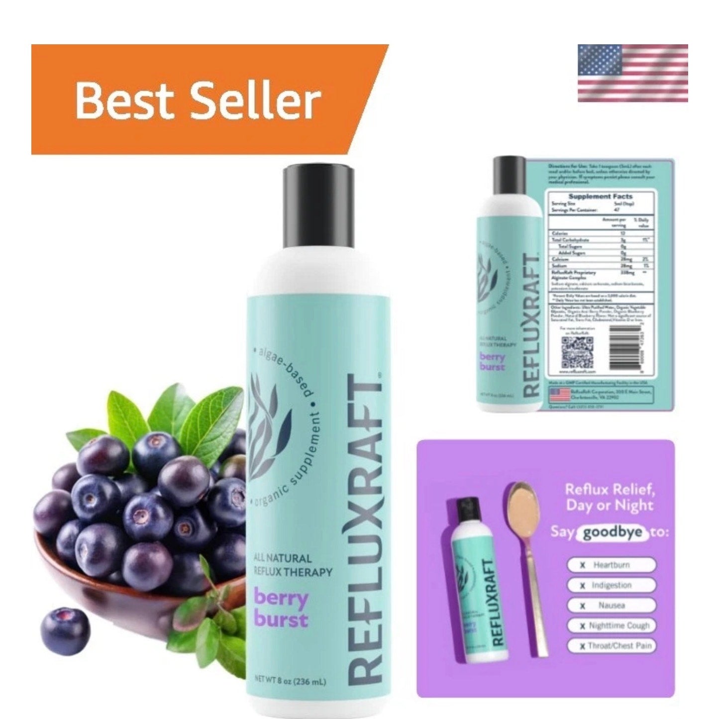 RefluxRaft Berry Burst All Natural Reflux Therapy in a clear container with berry-flavored lozenges for acid reflux relief.