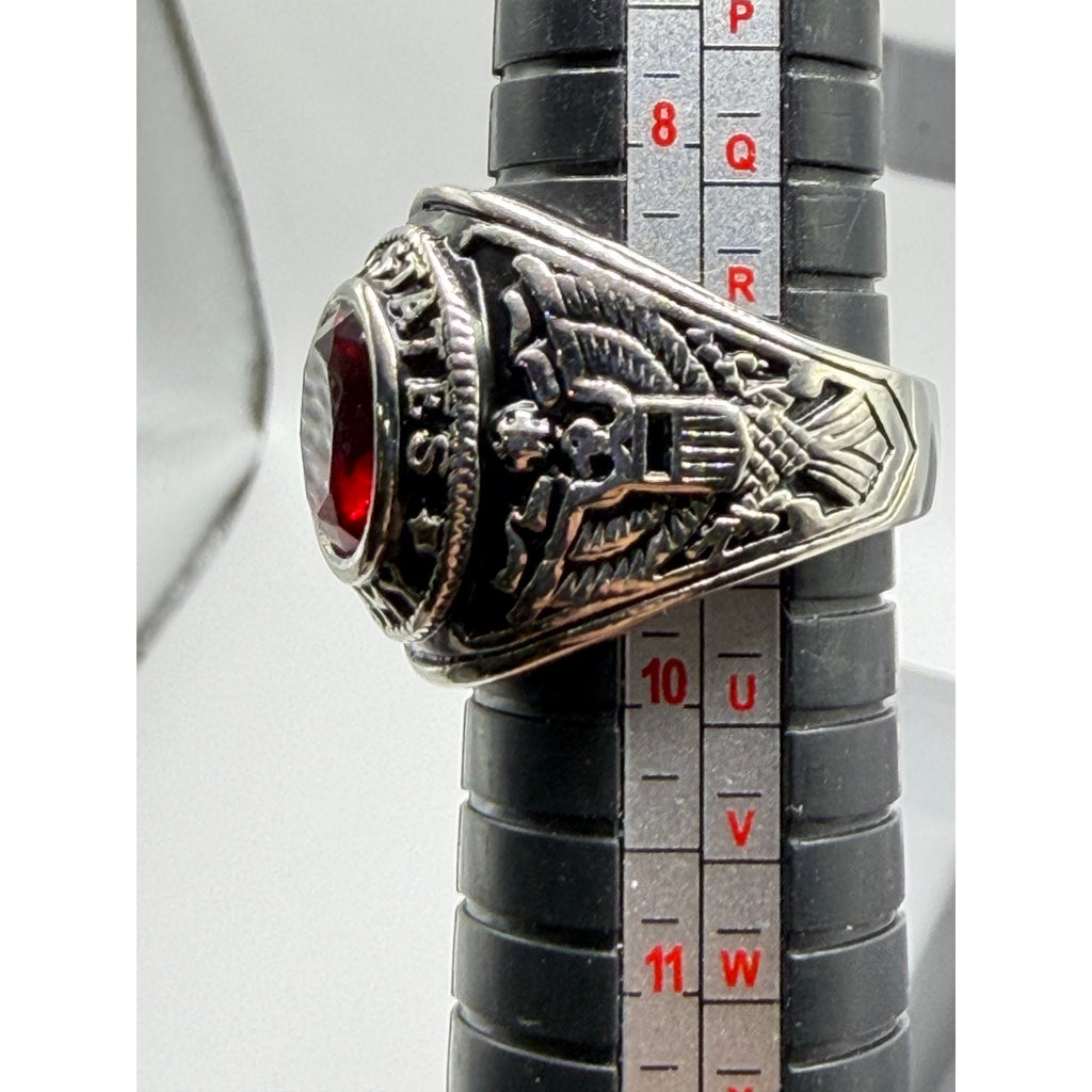 Men's US Army silver signet ring with red accent, size 9, from Republic Mercantile, featuring a polished silver band and military insignia.