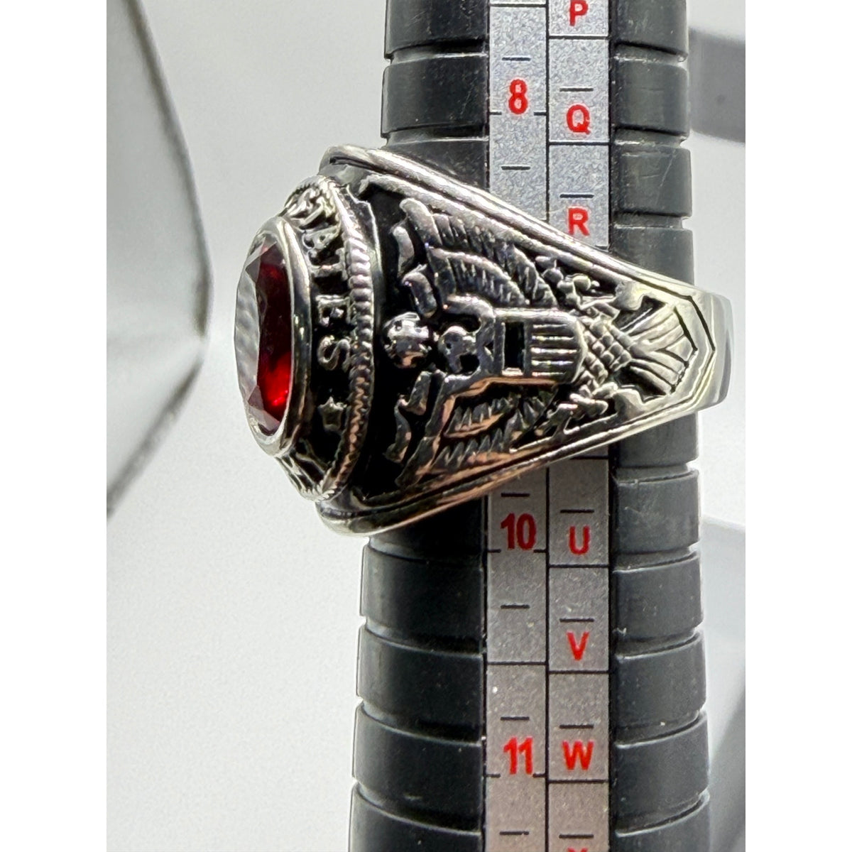Men's US Army silver signet ring with red accent, size 9, from Republic Mercantile, featuring a polished silver band and military insignia.