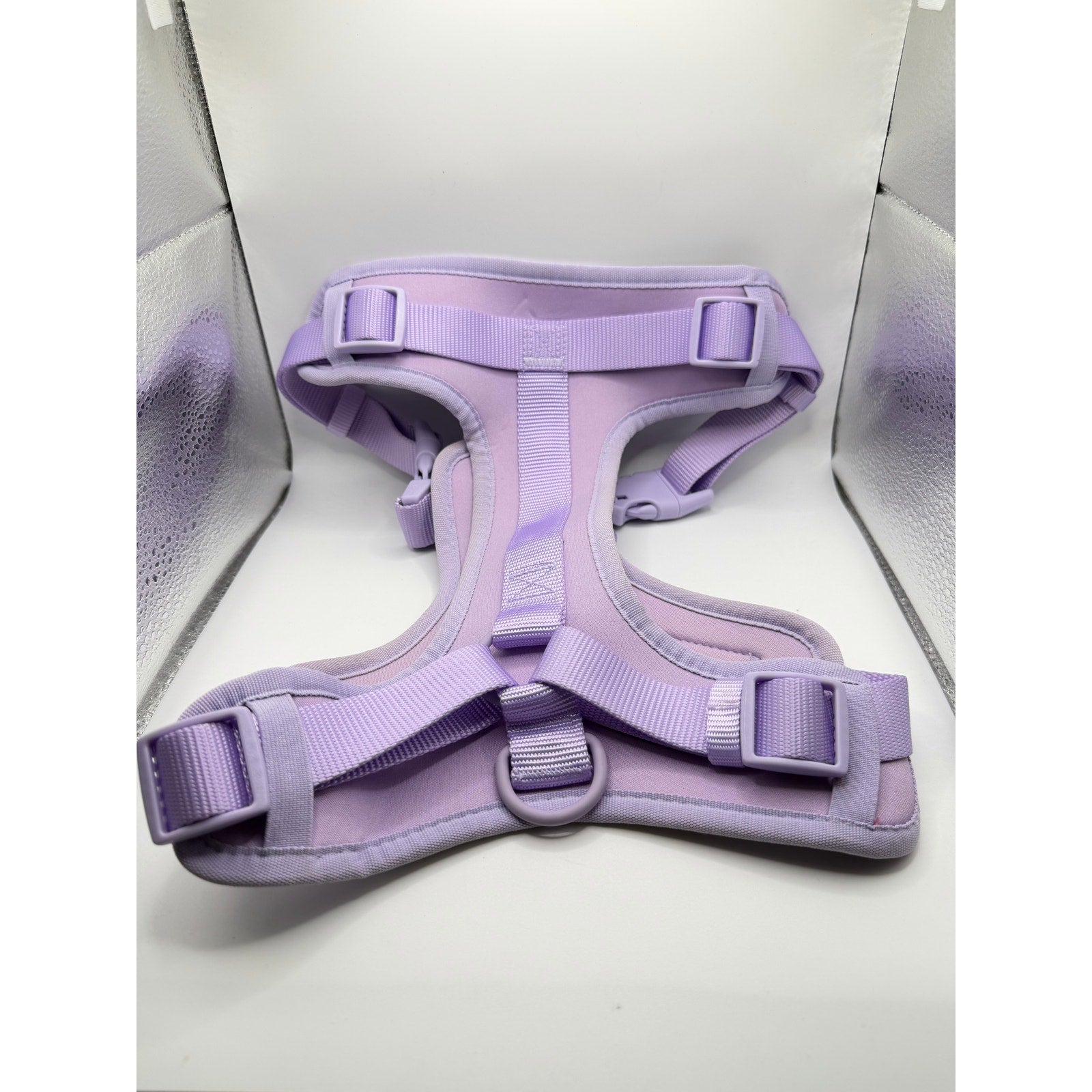 Vibrant Life purple dog harness in size large, with adjustable straps and padded chest for comfortable pet walking.