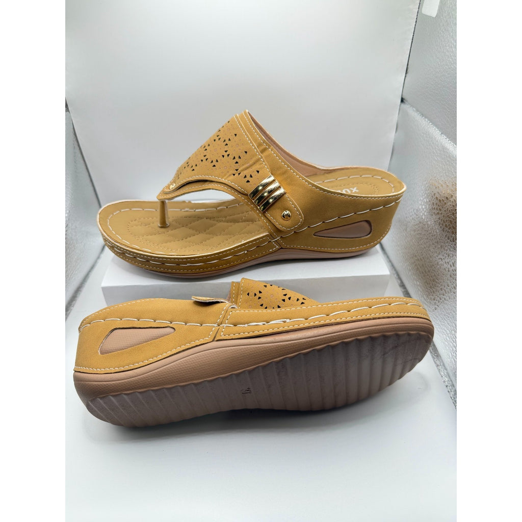 Women's tan comfort sandals by Xuemjiao, size 6.5 (Euro 37), featuring cushioned straps and ergonomic sole design.